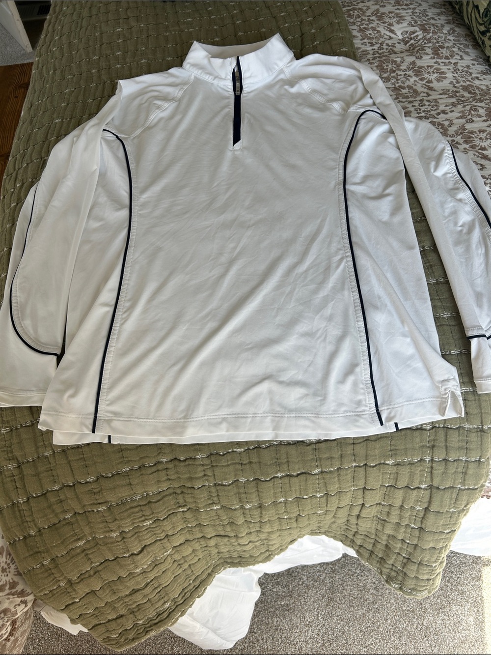 Peter Millar White Zip-Front Pullover with Navy Trim
